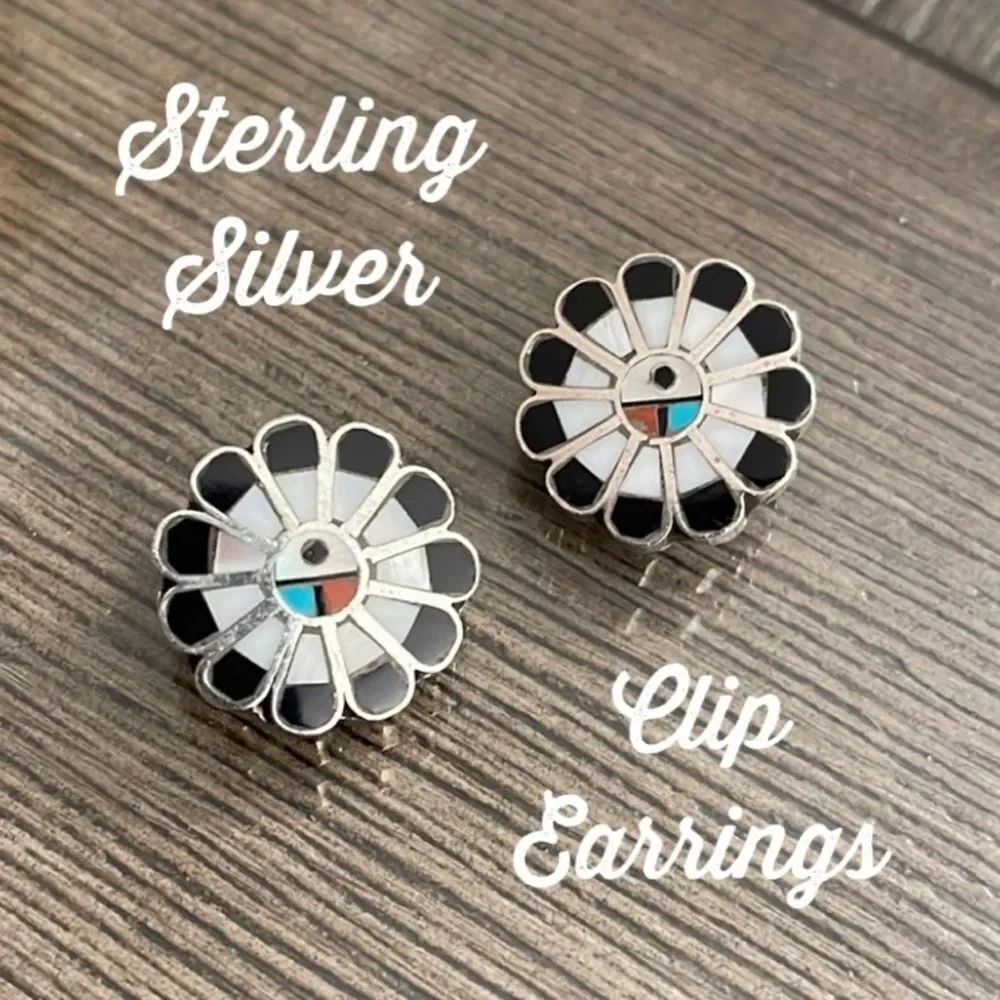 Vintage Sterling Silver Zuni Sun Face Clip Earrings